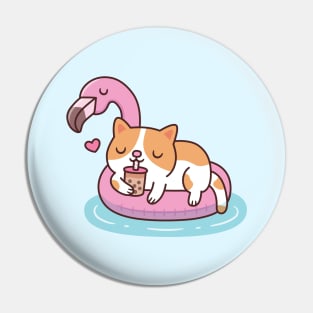 Cute Cat Drinking Bubble Tea And Chilling On Flamingo Pool Float Pin