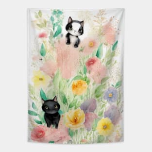 Black Cats in the Flower Garden Soft Pastel Colors Tapestry