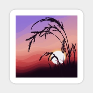 Warm Red Sunrise Silhouetting Wheat Landscape Digital Illustration Magnet