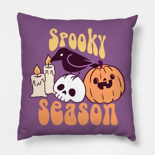 Spooky season a cute crow on a skull with a pumpkin and candles Pillow