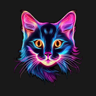 Neon Cat Face in colorful neon pink and neon blue T-Shirt