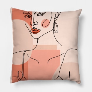 Abstract one line woman portrait with pastel geometric shapes. Female poster. Pillow