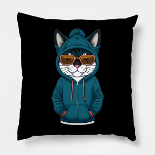 Cute Cartoon Cat in Jacket, Cap, and Sunglasses 3 Pillow