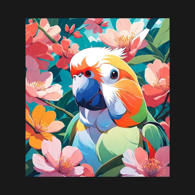 Garden Lovebird- lovebird in front of vibrant florals by Sieve's Weave's