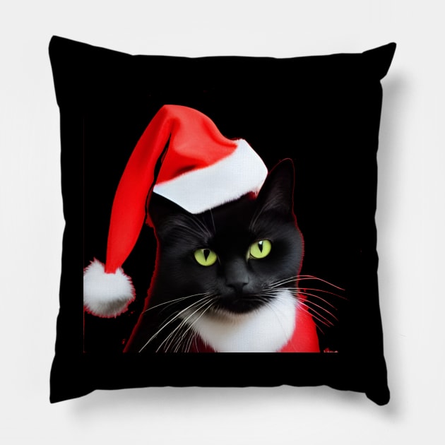 Cute black cat wearing a christmas hat Pillow by Blossom Self Care