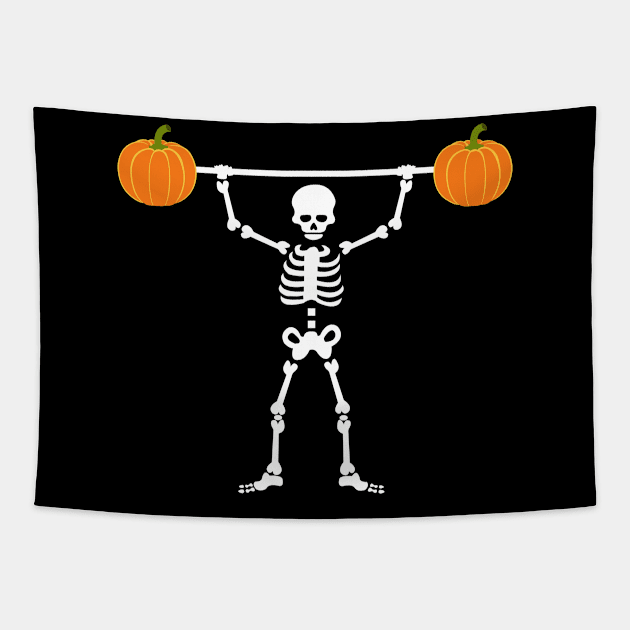 Skeleton Pumpkin Lifting Halloween Gift Tapestry by ChrisWilson