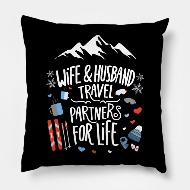 Wife & Husband Travel Partners For Life Honeymoon Ski Lovers Pillow by AimArtStudio