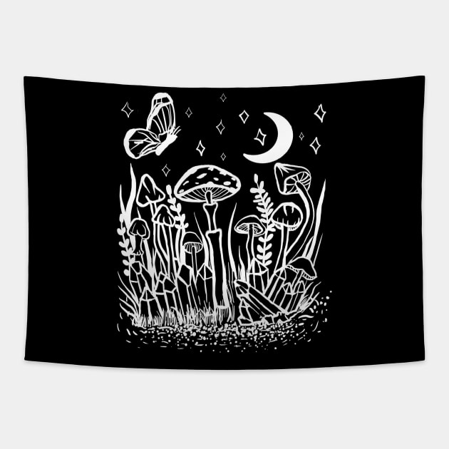 Wild Foliage Garden Witch Crystals, Mushrooms, Moth, Moon Tapestry by LunaElizabeth