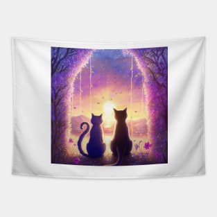 Adorable Two Cats Sunset Gaze Tapestry