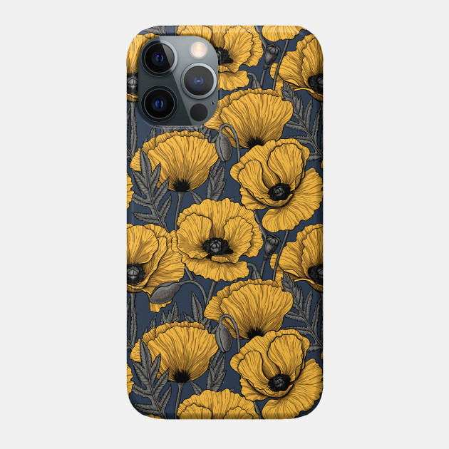 Yellow poppy garden on navy - Poppies - Phone Case