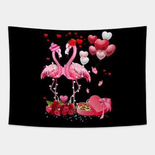 Happy Valentine's Flamingo Couple Red Roses Heart Balloons Tapestry