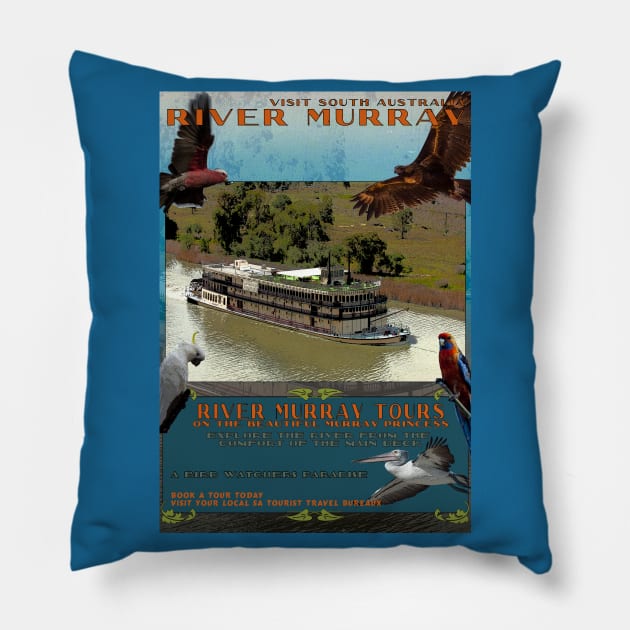River Murray Retro Travel 01A Pillow by seadogprints