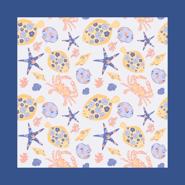 A nautical pattern of flounders, crabs, shells, coral, and starfish by dumbbunnydesign