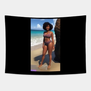 Dark-haired woman at the beach is a sight for sore eyes. Tapestry