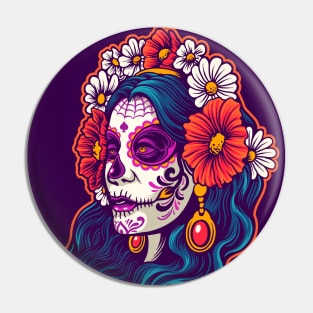 Dia de los Muertos Sugar Skull Woman Illustration Pin