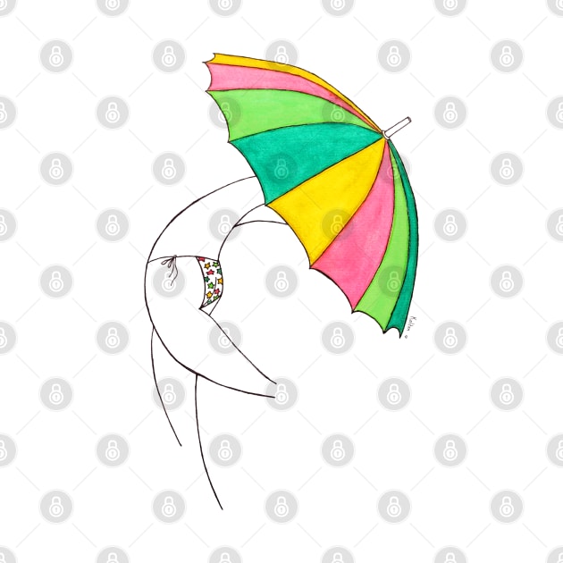 Umbrella Woman n4 by Natasha Kolton · white pink yellow green stars bikini beach girl · minimal painting by natashakolton