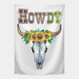 Howdy Cow Skull with Sunflowers Graphic Design Tapestry