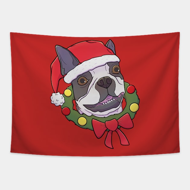 Boston Terrier Christmas Tapestry by Domingo Illustrates