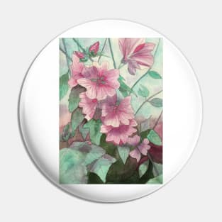 Pink hollyhocks watercolour painting Pin