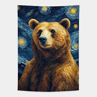 Adorable Bear Animal Painting in a Van Gogh Starry Night Art Style Tapestry