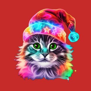 Bright Colorful Christmas Cat in a Santa Hat - Meowy Catmas T-Shirt