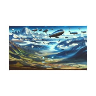 Airship Fleet Over Fantasy Landscape T-Shirt