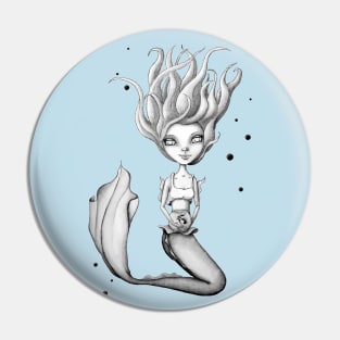 Miss Mermie and Her Pet Fish (Black and White Version) Pin