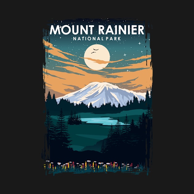 Mount Rainier National Park Vintage Minimal Retro Travel Poster at Night by jornvanhezik