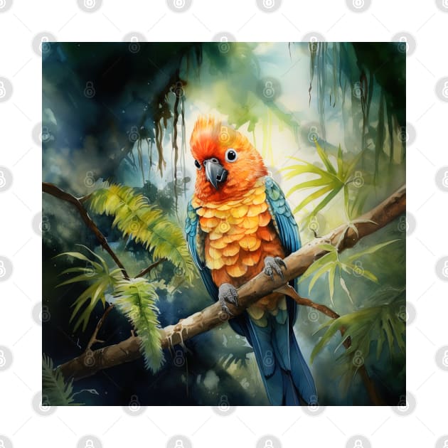 Colorful Avian Companion Perched on Tropical Tree Amidst Greenery by Maverick Media