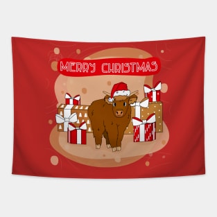 Highland cow and Merry Christmas wishes Tapestry