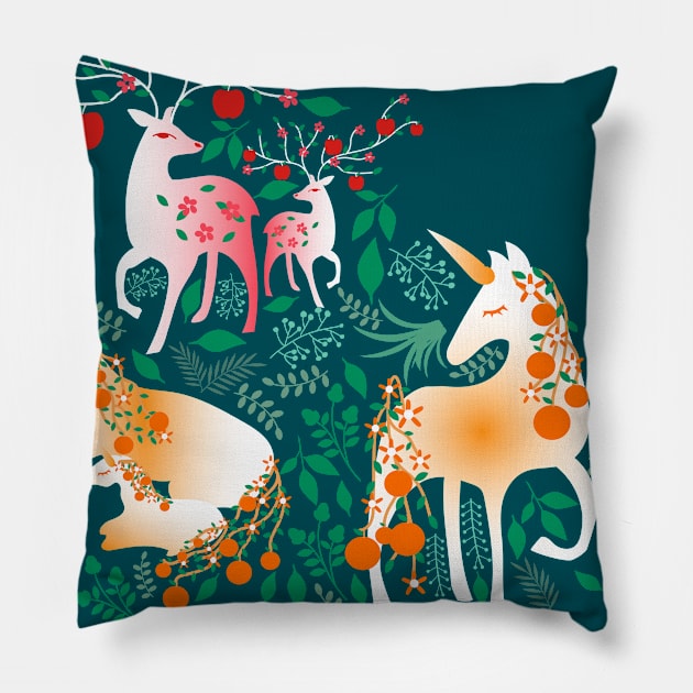 Once Upon a Time- Mystical Woodland with Apple Deers and Orange Unicorns Pillow by Winkeltriple