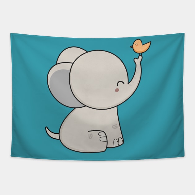 Kawaii Cute Elephant And Bird Tapestry by wordsberry