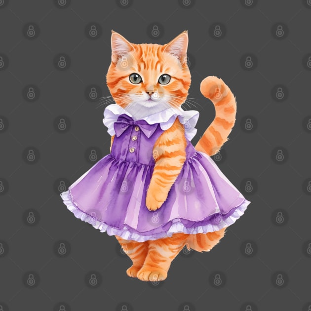 Watercolor orange cat wearing purple dress by Luckymoney8888