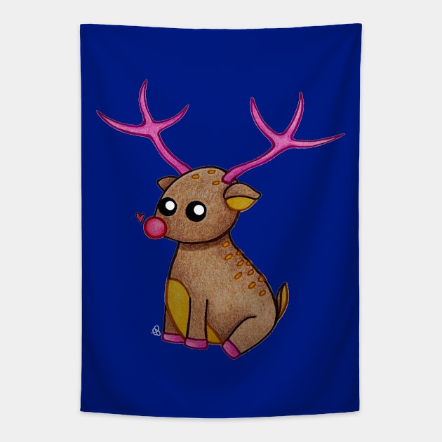 Cute Little Reindeer - A Red Nosed Christmas Reindeer with a Heart Tapestry by Elinaana