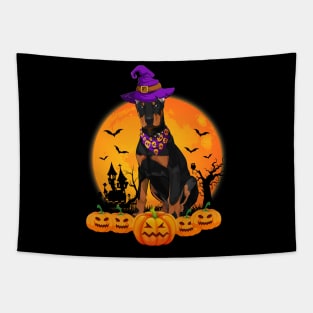 Funny Witch Hat Pumpkin Doberman Halloween Tapestry