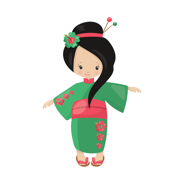 Japanese Girl, Japan, Cute Girl, Green Kimono by Jelena Dunčević