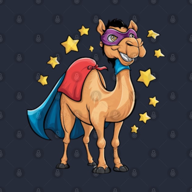 Creative and humorous vector print of a Bactrian camel, wearing a superhero cape and mask, standing confidently with a cheerful smile. (2) by YolandaRoberts