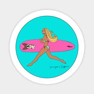 Surfgirl and frenchie catching waves Magnet