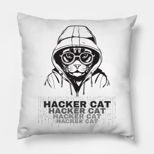 Hacker Cat. Hacker cat with hoodie and glasses, grayscale design Pillow