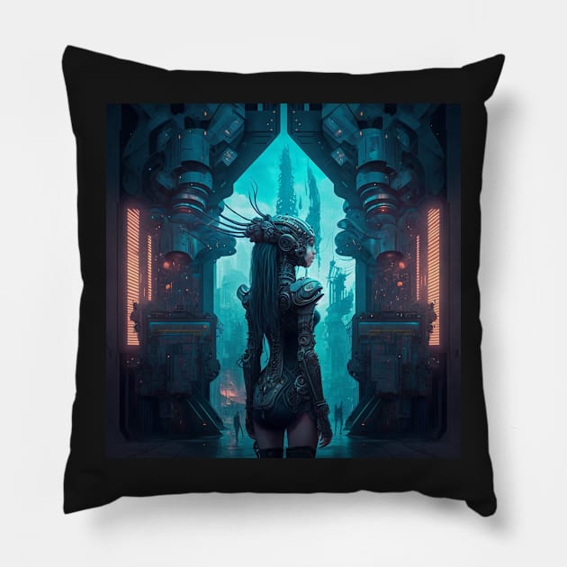 Portal to the Old World, Cyberpunk Female Pillow by AICreateWorlds