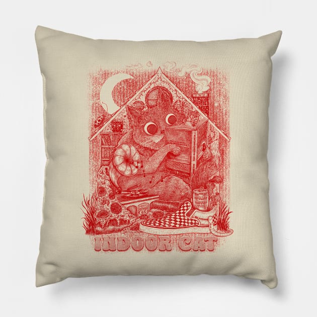 Indoor Cat Red Illustration Introvert Cartoon Pillow by DIKittyPants