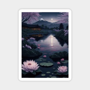 Serene Mount Fuji Sunset - Peaceful River Scenery - Lotus Flowers Magnet