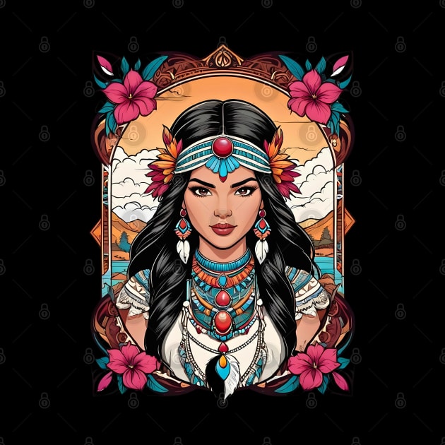 Pocahontas native American tribal retro vintage floral design by Neon City Bazaar