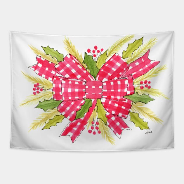 Red gingham ribbon as Christmas wreath Tapestry by SunnyPainter