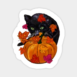 Pumpkin,maple leaf, black cat and falling autumn leaves Magnet