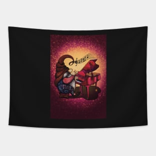 Cute hippie gnome playing music on the piano Tapestry