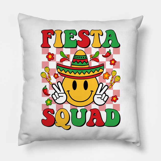 Cinco de Mayo, Fiesta Squad, Retro Smiley Mexican, Sombrero Pillow by artbyGreen
