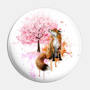 Cherry Tree And Fox Watercolor Pin