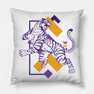 Retro Purple & Gold Tiger on the Attack // Vintage Geometric Shapes Background Pillow