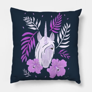 Pink Unicorn Tropical Hibiscus and Leaves Pillow